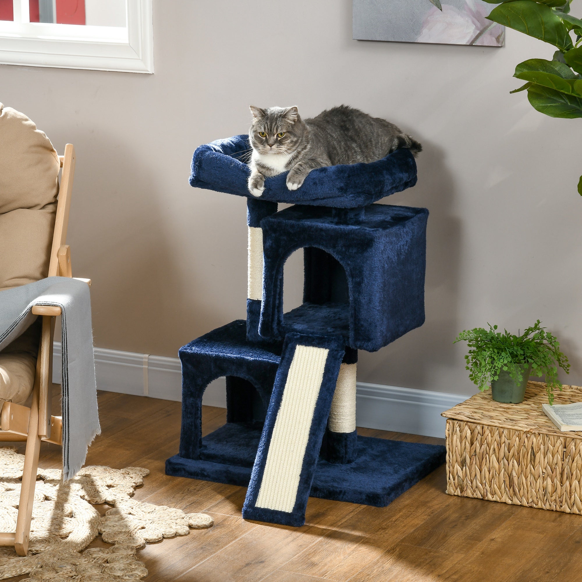 Sisal Cat Rest & Play Activity Tree w/ 2 House Navy Blue-1